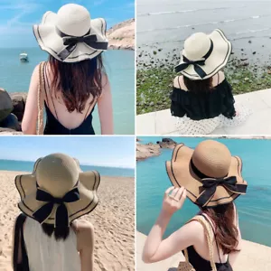 Fashion Women Girls Summer Beach Sun Hats Wide Brim Straw Hat for Women with Bow - Picture 1 of 16