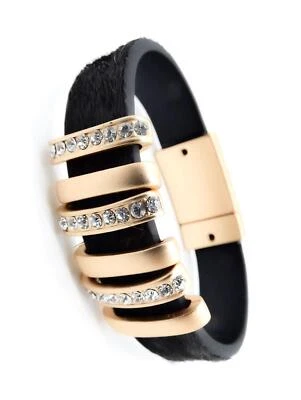 UNIQUE Triple Mat Gold Crystals Links Black Leather Strap Magnetic Bracelet - Image 1 of 4