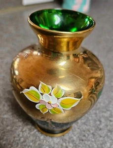 VINTAGE MOSER BOHEMIAN GREEN GLASS VASE HANDPAINTED FLOWERS 5.5" TALL - Picture 1 of 7