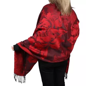 Women's Pashmina Shawls and Wraps Reversible Floral Flower Rave Scarf Red - Picture 1 of 5