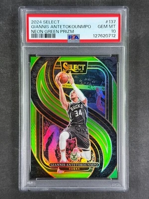 2024 Panini Select #137 Giannis Antetokounmpo verde neón Prizm/75 PSA 10 gemas Foto 1 de 2