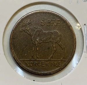 1965 Norway 5 Ore Coin King Olav V Moose Bronze KM#405 Scandinavian Vintage - Picture 1 of 4