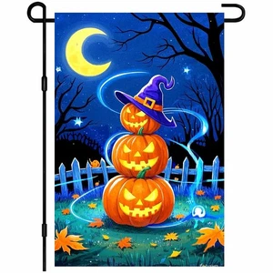 Halloween Bandiera da Giardino Doppio Lato 12x18 Pollici Zucca Pila con Cappello Strega Ou... - Foto 1 di 7