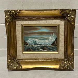 Waves Crashing Shoreline Beach Landscape Oil Painting Ornate Gold Frame READ - Picture 1 of 9