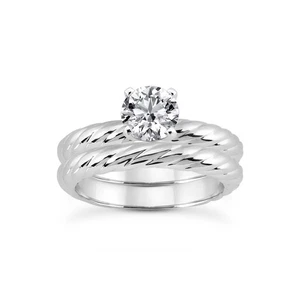 1ct F VS1 Round Natural Certified Diamond 14k Gold Classic Engagement Ring Set - Picture 1 of 3
