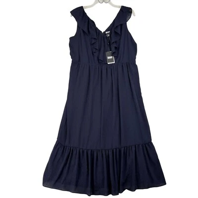 DKNY Tiered Midi Dress Womens Size 16 Navy Blue Ruffle V-Neck Sleeveless Lined - Image 1 of 4