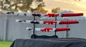 3 PIECE JAPANESE KATANA SAMURAI SWORDS SET WHITE/RED DRAGON CARBON STEEL BLADES - Picture 1 of 4