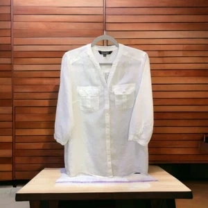 Original Nicole Miller Damen Hemd weiß Leinen Button Down 3/4 Arm Größe L - Bild 1 von 6