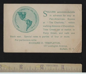 Pan American Expo Charlotte Hotel Templeton RARE - 1901 Buffalo NY Trade Card - - Picture 1 of 1