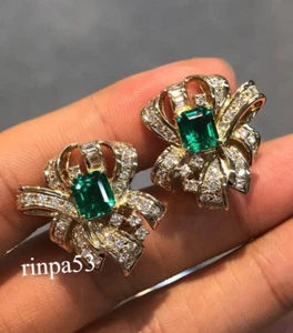Evening Party Wear Lab Syn Green Emerald Stud Earring Jewelry For Women's 925 SS - Picture 1 of 4