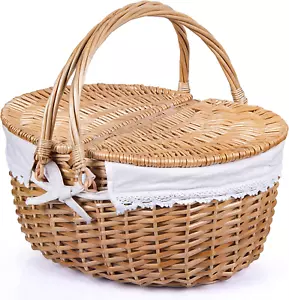 Wicker Picnic Basket with Lid & Handle, Sturdy Woven Body, Washable Lining - Picture 1 of 12