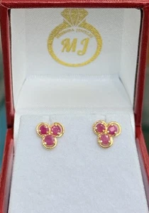 14k Solid Yellow Gold Three Stones Stud Earrings, Natural Ruby 1.14 Grams - Picture 1 of 5