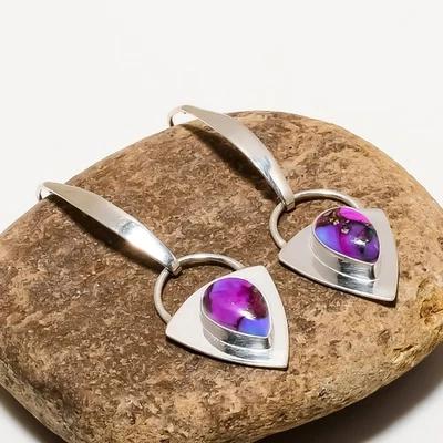 Copper Purple Turquoise Gemstone Solid 925 Sterling Silver Amazing Earring V1385 - Image 1 of 4