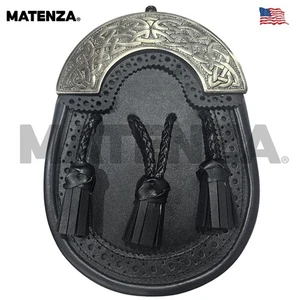 Matenza Black Leather Kilt Sporran Celtic Cantle - Scottish Traditional Men's - Picture 1 of 4