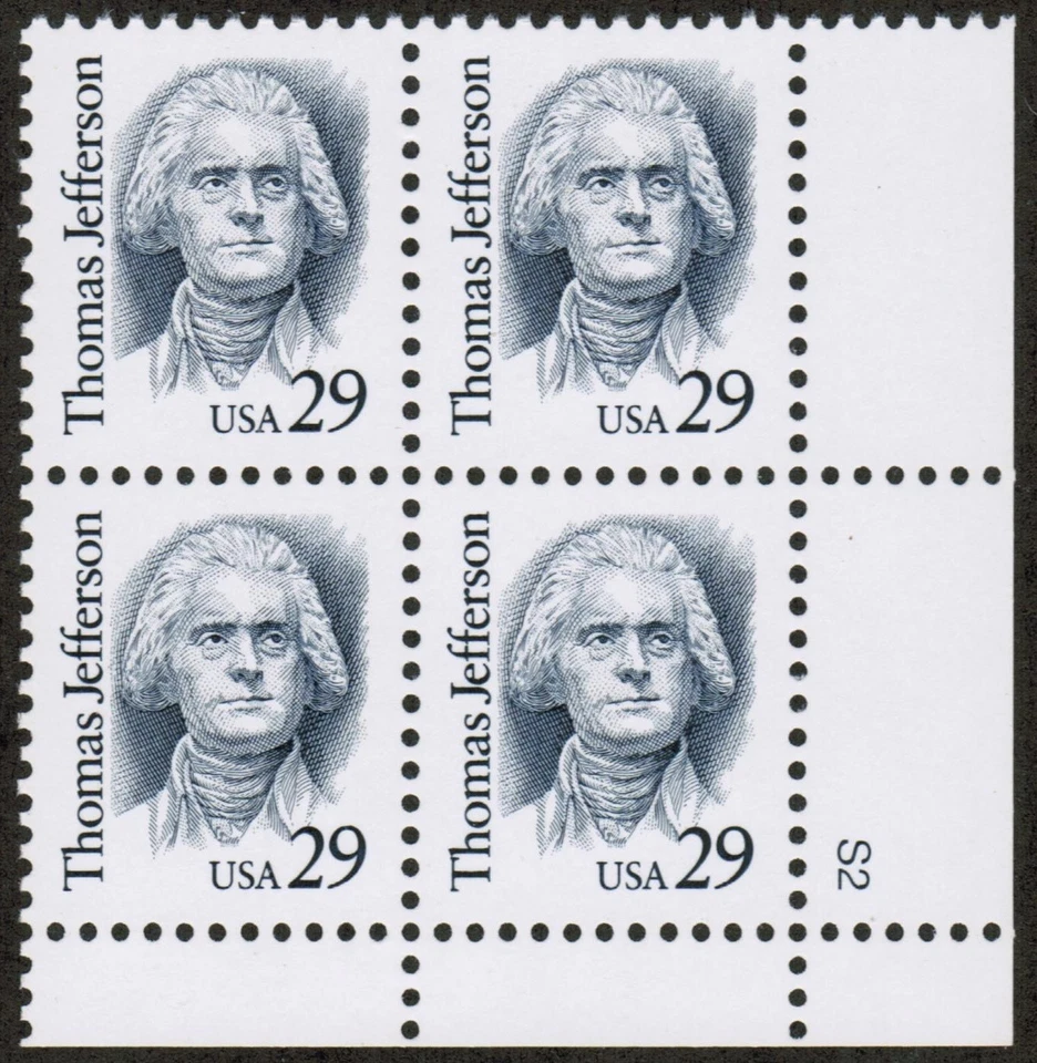 US USA Sc# 2185 MNH FVF PLATE # BLOCK Thomas Jefferson 3rd President Virginia - Image 1 of 1