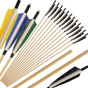 31" Wooden Arrows Handmade 5" Feather Archery Longbow Recurve Bow Tips Hunting - Picture 1 of 23