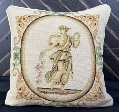 Vintage Wool Needlepoint Pillow Cover Toile Greek Goddess with Garland 16x16 - Image 1 of 4