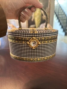 Susan Bennis Warren Edwards 80s Black & White Gingham Plaid Silk Ribbon Box Bag - Picture 1 of 18