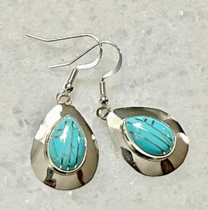 Turquoise Drop/Dangle Sterling Silver .925 Inlaid Wire Earrings - Picture 1 of 5