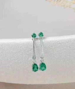 2Ct Pear Cut Lab Created Green Emerald Drop Dangle Earring 14k White Gold Plated - Picture 1 of 5