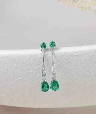 2Ct Pear Cut Lab Created Green Emerald Drop Dangle Earring 14k White Gold Plated - Image 1 of 4