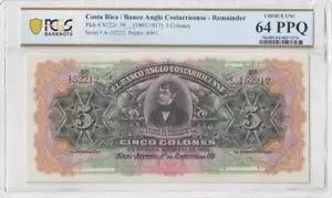 Pick # S122r 19__ (1903-1917) 5 Colones Banco Anglo Costarricense PCGS 64 PPQ - Picture 1 of 2