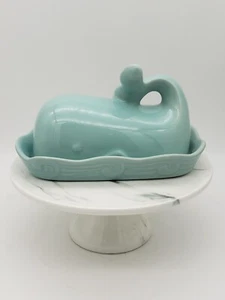 Creative Co-op Whale Butter Dish Turquoise Ceramic Ocean Sealife Blue Green NEW - Picture 1 of 9