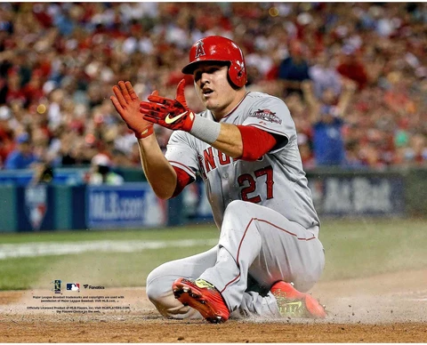 Mike Trout Los Angeles Angels Unsigned Scoring Celebration Photograph Cover