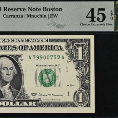 2017A $1 FRN Boston PMG 45EPQ - Eye Catching - Fancy Serial Number 79900799 - Image 1 of 3