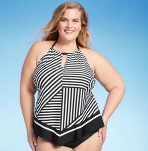 Kona Sol Damen gestreifter hochgeschlossener Tankini Badeanzug Neckholder figurschmeichelnd 3X - Bild 1 von 3