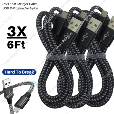 3X 6FT USB Braided Charger Cable Heavy Duty For iPhone 6 7 8 XR 11 12 13 14 Cord - Image 1 of 4