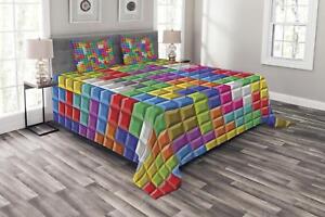 Video Games Quilted Bedspread & Pillow Shams Set, Colorful Blocks Art Print
