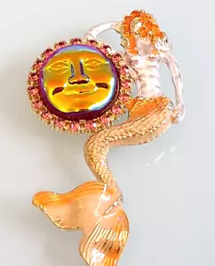 KIRKS FOLLY STYLE UNSIGNED ORANGE MOON MERMAID BROOCH PENDANT IRIDESCENT WOWSER - Picture 1 of 20