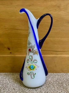 WOW Vintage Murano Vase Pitcher White Cobalt Gold Applied Flowers Handpainted - Picture 1 of 24