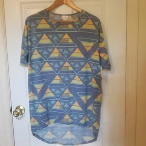 LuLaRoe Blue Yellow Triangle Beachy Irma Scoop Neck Tunic High Low Sz XSmall - Picture 1 of 11