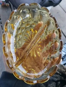 Vintage Anchor Hawking Sectioned Depression Glass Amber Thumbprint Oval Dish - Picture 1 of 4
