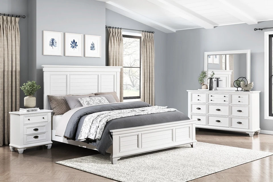 NEW White Queen King 4PC Modern Rustic Bedroom Traditional Furniture Set B/D/M/N - Image 1 of 4