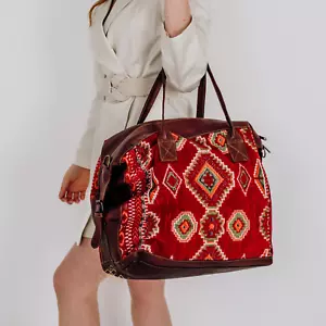 Bolso de Viaje Kilim Grande Hecho a Mano de Cuero - Bolso de Fin de Semana Alfombra Roja para Mujer - Imagen 1 de 6