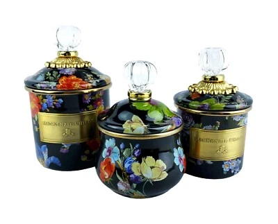 MacKenze Childs Juego de 3 Mini Botes de Azúcar Mercado de Flores Negras Demi Nuevo Foto 1 de 4