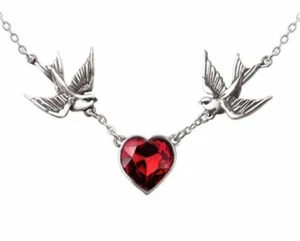 Swallow Heart Necklace, Birds Crystal Love Girlfriend, Romantic, Alchemy England - Picture 1 of 6