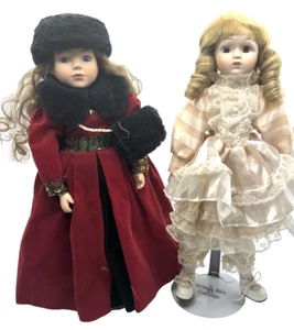 Dolls (2) Porcelain Heritage Mint 1988 1989 Peach Dress Blond Curls w/ Stand 16" - Picture 1 of 16