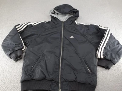 Vintage Adidas Bomber Jacket Boys Medium Black Reversible Y2K Fleece Lined - Image 1 of 4