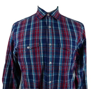 Camisa de vestir PD&C para hombre de algodón manga larga con botones roja verde azulado azul marino a cuadros mediana Foto 1 de 4