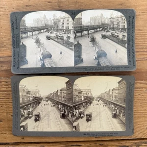 2 Stereoview Cards ~  The Bowery New York,  Transportation In NY Copy Right 1899 - Picture 1 of 6