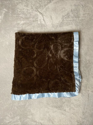 Baby Blanket Brown Furry Paisley Reversible Minky Swirl Blue Satin Ruffle Lovey - Image 1 of 4