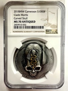 2018 Cameroon 1 oz Silver Carved Skull Clade Mortis Bones NGC MS70 - Picture 1 of 1