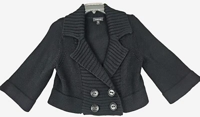 Bebe ~Woman Size S~ Black Wool Blend Crop, Double Brested  Sweater 3/4 Sleeves. - Image 1 of 4