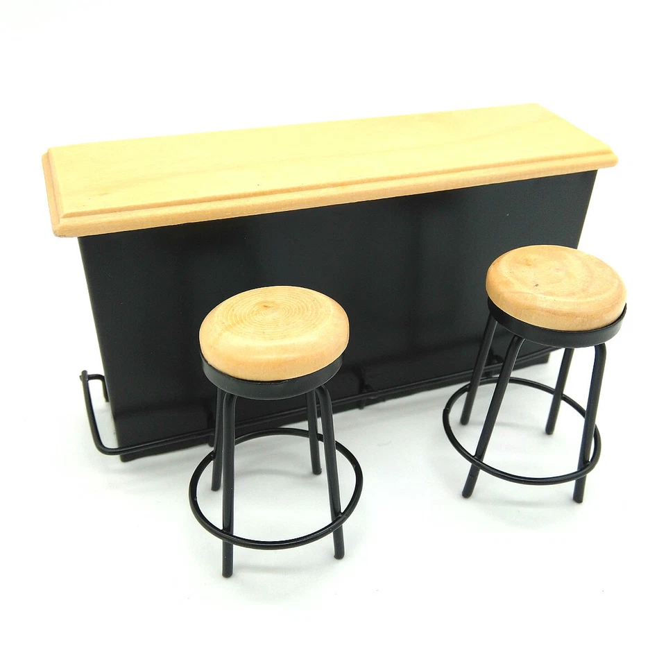 Dollhouse Taproom Bar Counter with 2 Stools 1:12 Miniature Furniture Decor - Image 1 of 4
