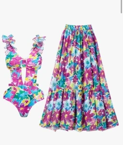 2PC Beach Set Swimsuit Sheer Skirt Cover Up Bathing Backless Sexy MED Bra Lined - Picture 1 of 9