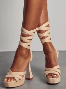 SANDALIAS MUJER CREMA PUNTA ABIERTA TACÓN ALTO PLATAFORMA TIRAS CORDONES TALLAS 3-8 - Imagen 1 de 3